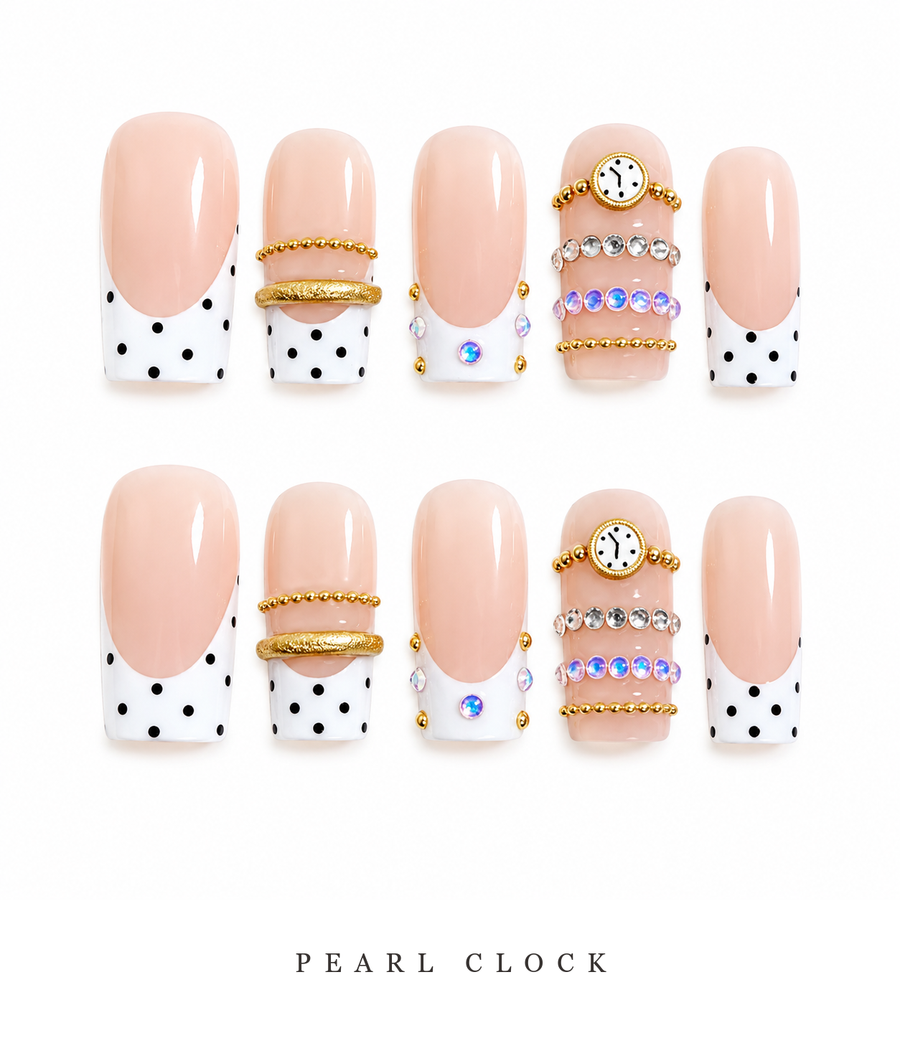 GAGUGAGU Nude Polka Dot Clock Charm Press-On Nails for Birthday Parties, Glossy False Nails for Birthday Party, Date Night and Weekend Style, S M L