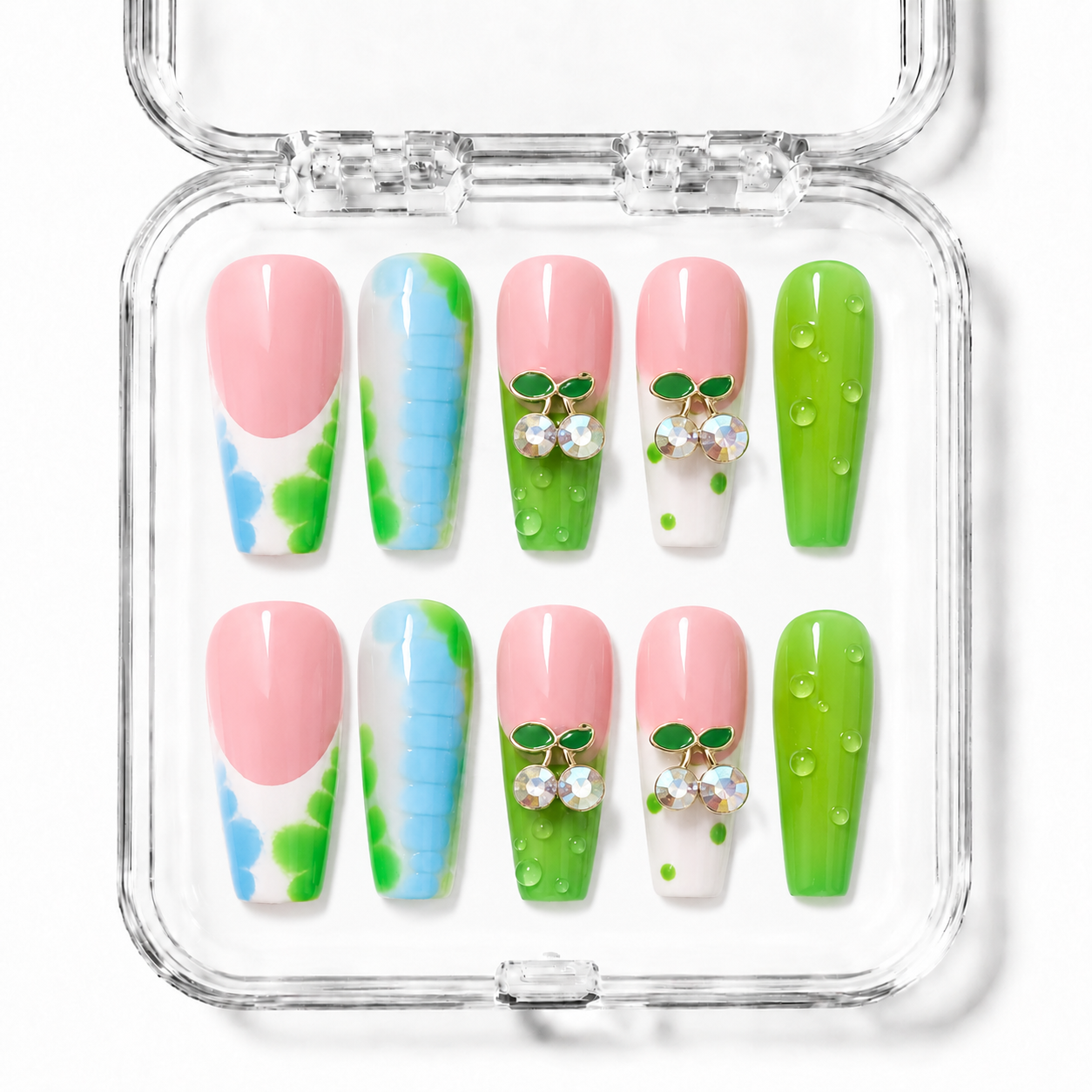 GAGUGAGU Pastel Green Blue Press-On Nails for Spring Weekend, Glossy False Nails for Birthday Party, Date Night and Weekend Style, S M L