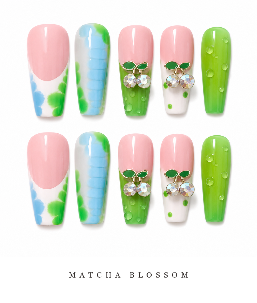 GAGUGAGU Pastel Green Blue Press-On Nails for Spring Weekend, Glossy False Nails for Birthday Party, Date Night and Weekend Style, S M L