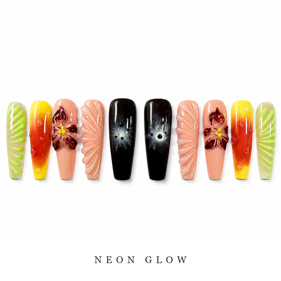 GAGUGAGU Neon Black Graphic Press-On Nails for Music Festival, Glossy False Nails for Birthday Party, Date Night and Weekend Style, S M L